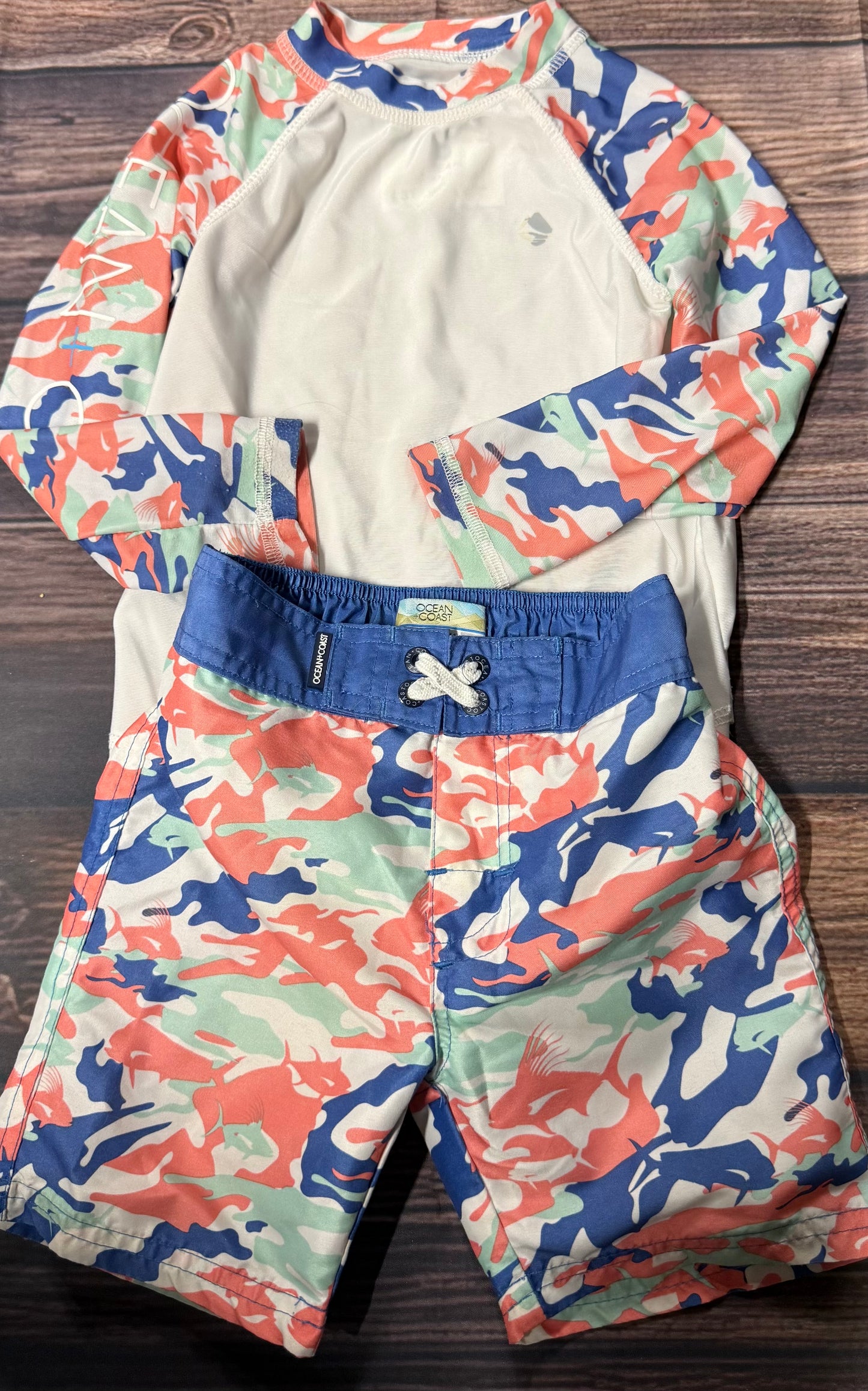 Ocean + Coast 3T top/2T bottoms..peeling logo